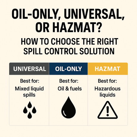 Comparison chart of spill control solutions, Universal for mixed liquid spills, Oil-Only for oil and fuels, and Hazmat for hazardous liquids to help choose the right absorbent type.