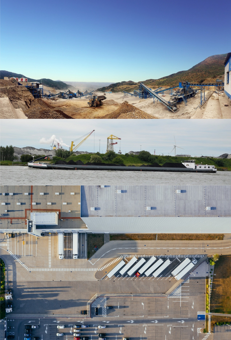 Image depicting the logistics route of raw materials from mine to transportation to processing and fulfillment.