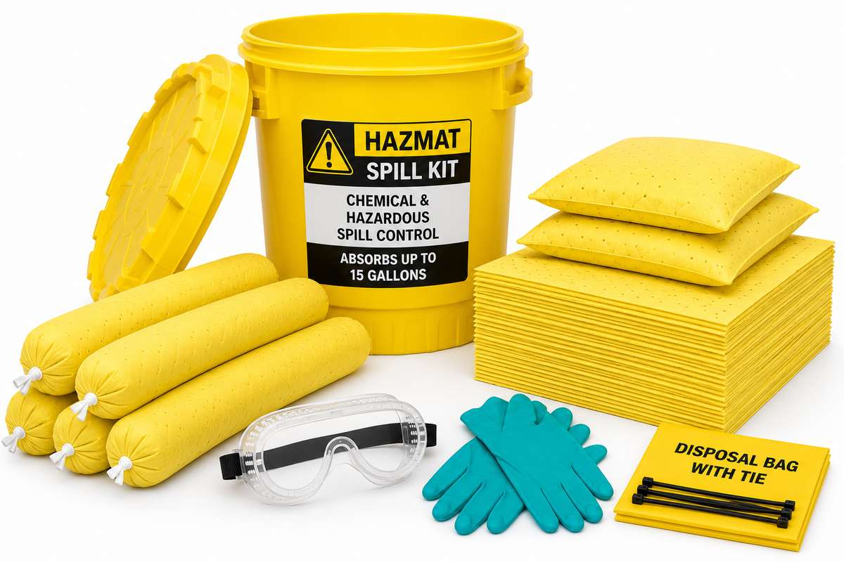 20 gallon Hazmat spill kit with yellow chemical absorbents, PPE and UN-approved screw-top salvage drum