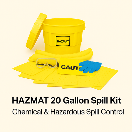 HAZMAT 20 Gallon Spill Kit with yellow bucket, gloves, goggles, and cloths on a beige background.