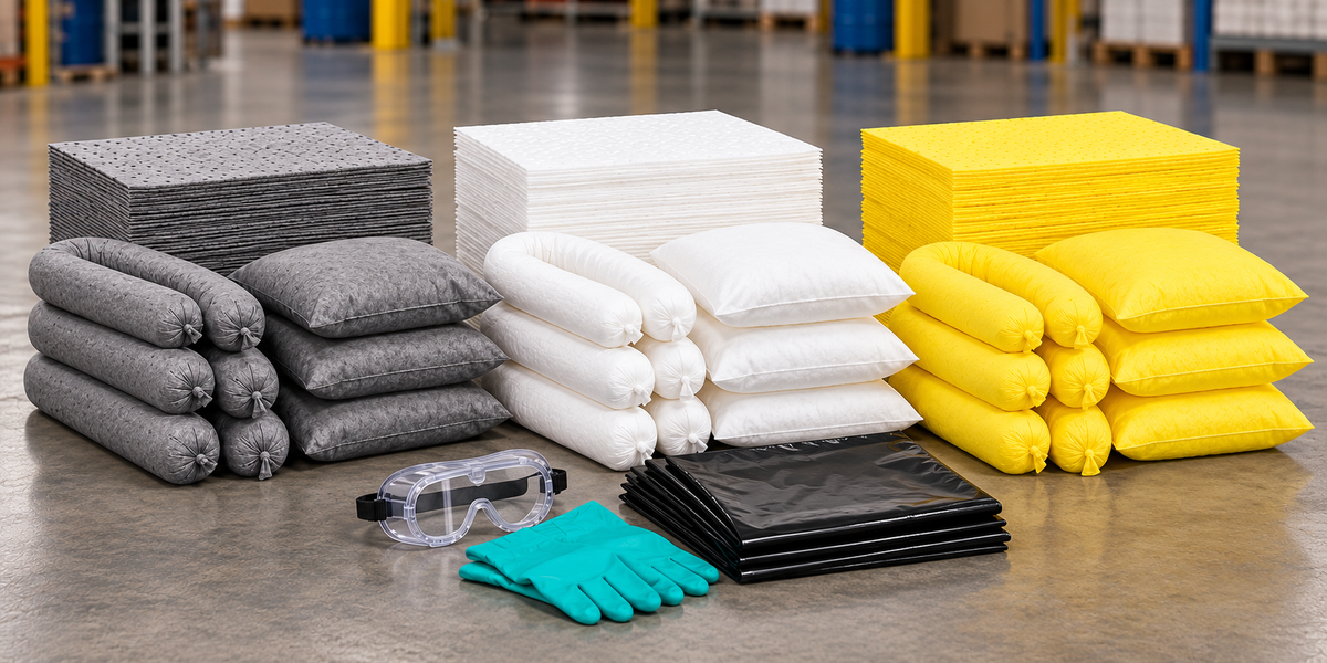 20 gallon spill kit refill with gray universal, white oil-only, and yellow Hazmat absorbents, plus gloves, goggles, and disposal bags.