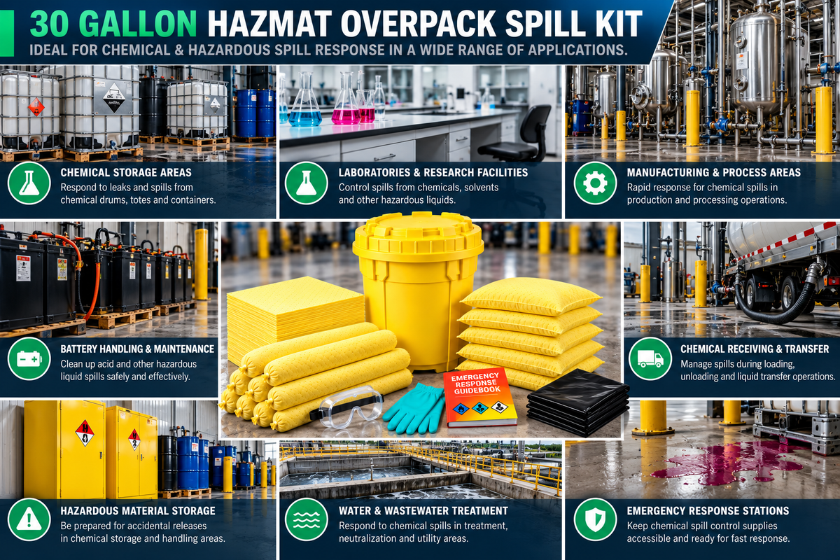 30 gallon Hazmat overpack spill kit shown for chemical storage, laboratories, manufacturing, battery handling, chemical transfer, wastewater treatment, hazardous material storage, and emergency response.
