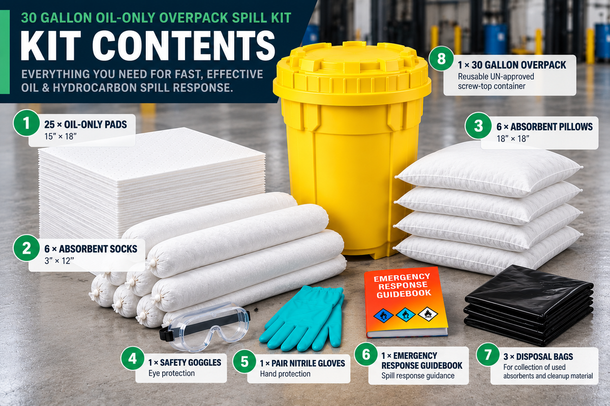 30 gallon oil-only overpack spill kit contents including white absorbent pads, socks, pillows, goggles, nitrile gloves, disposal bags and emergency response guidebook.