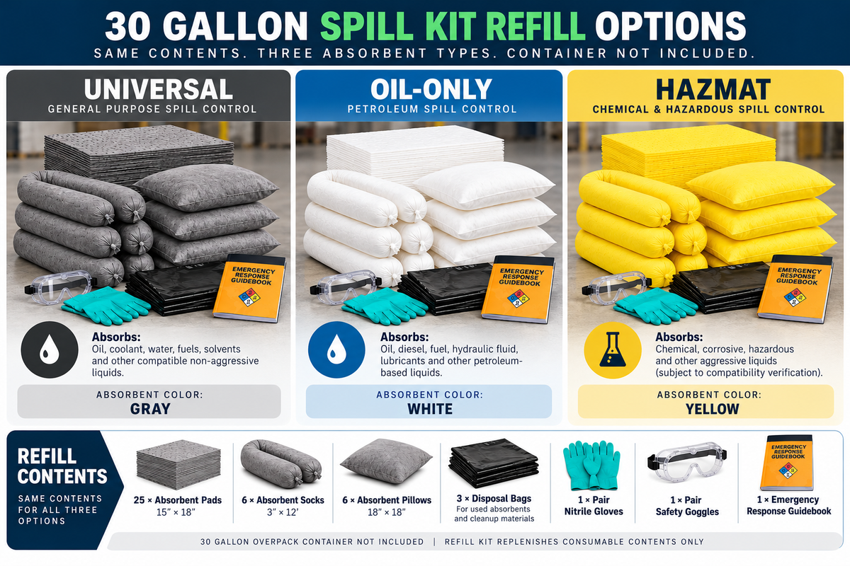 30 gallon spill kit refill selection guide comparing Universal, Oil-Only, and Hazmat absorbents, refill contents, and compatible spill applications.