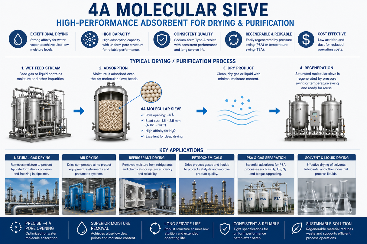 4A molecular sieve applications for natural gas drying, compressed air drying, refrigerant dehydration, petrochemicals, PSA gas separation, and solvent drying.