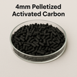 Hero: 4 mm pelletized activated carbon in a glass dish; uniform cylindrical pellets for VOC and odor control