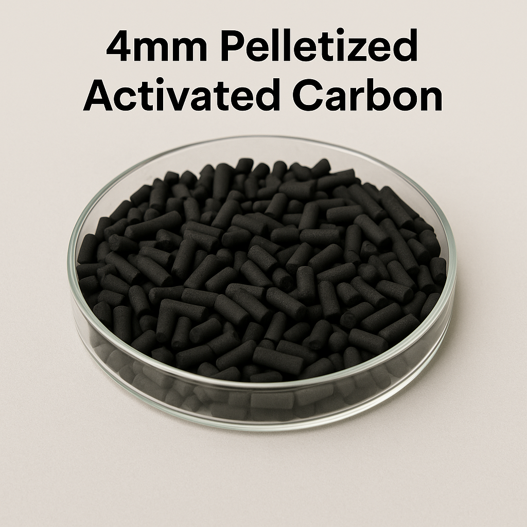 Hero: 4 mm pelletized activated carbon in a glass dish; uniform cylindrical pellets for VOC and odor control