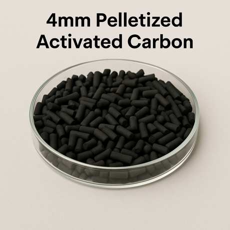 Hero: 4 mm pelletized activated carbon in a glass dish; uniform cylindrical pellets for VOC and odor control