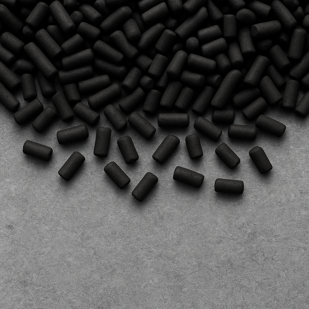 Close-up of 4 mm activated carbon pellets showing consistent pellet geometry and low dust