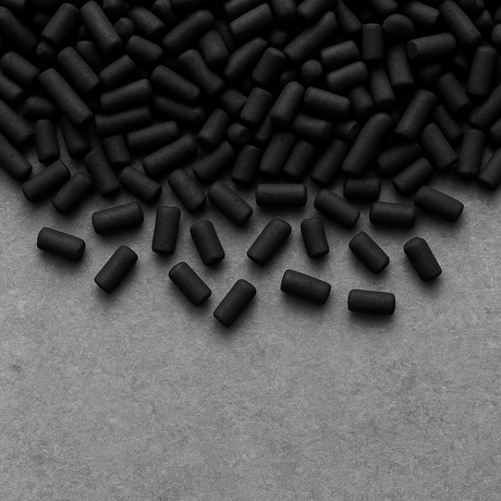 Close-up of 4 mm activated carbon pellets showing consistent pellet geometry and low dust