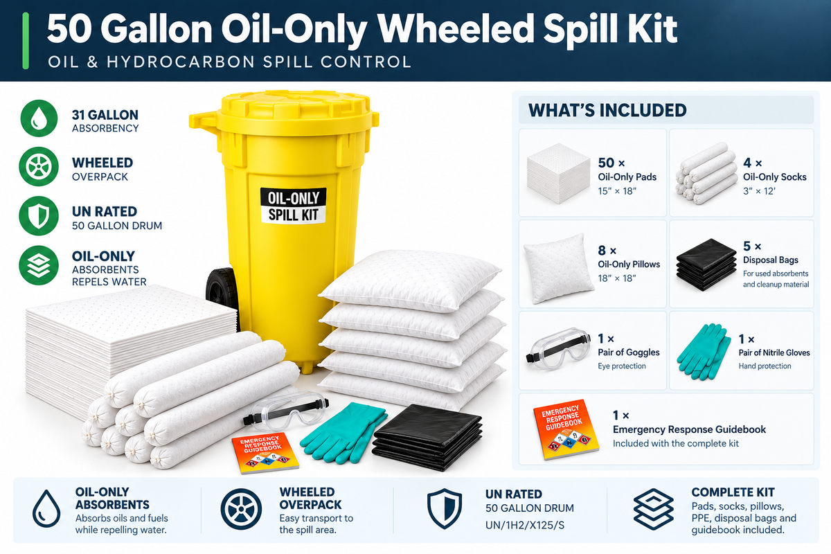 50 gallon oil-only wheeled spill kit contents including white absorbent pads, socks, pillows, disposal bags, goggles, nitrile gloves and emergency response guidebook.