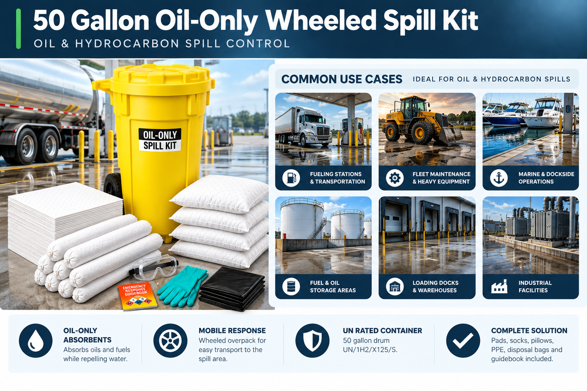 50 gallon oil-only wheeled spill kit shown for fueling stations, fleet maintenance, marine operations, oil storage, loading docks, warehouses and industrial facilities.