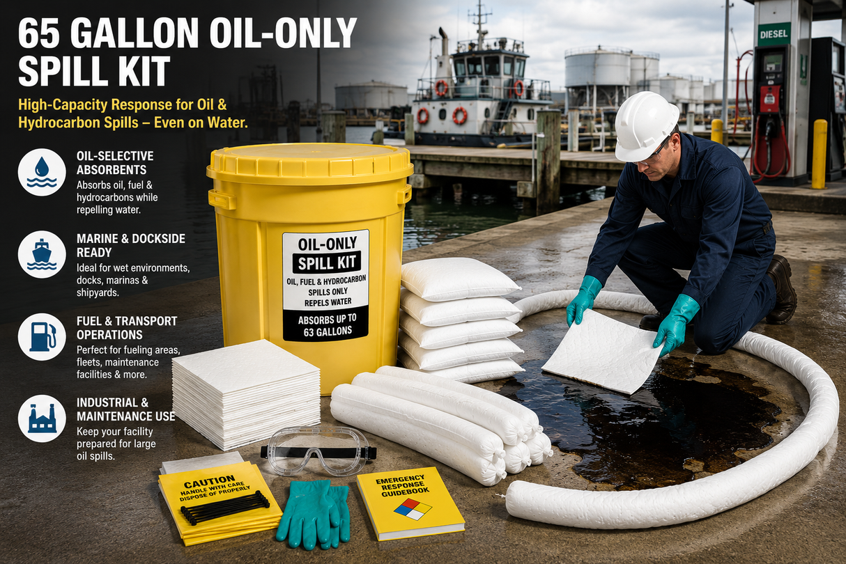65 gallon oil-only spill kit applications for marine docks, fueling areas, industrial facilities, and hydrocarbon spill response