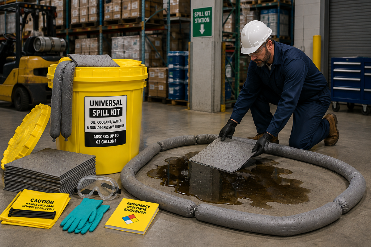 65 gallon universal spill kit for manufacturing, warehouse, maintenance and industrial spill response applications