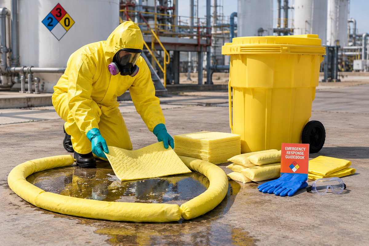 95 gallon Hazmat wheeled spill kit used for chemical spill response in an industrial warehouse with yellow absorbent pads, socks, PPE, and a worker in protective gear.