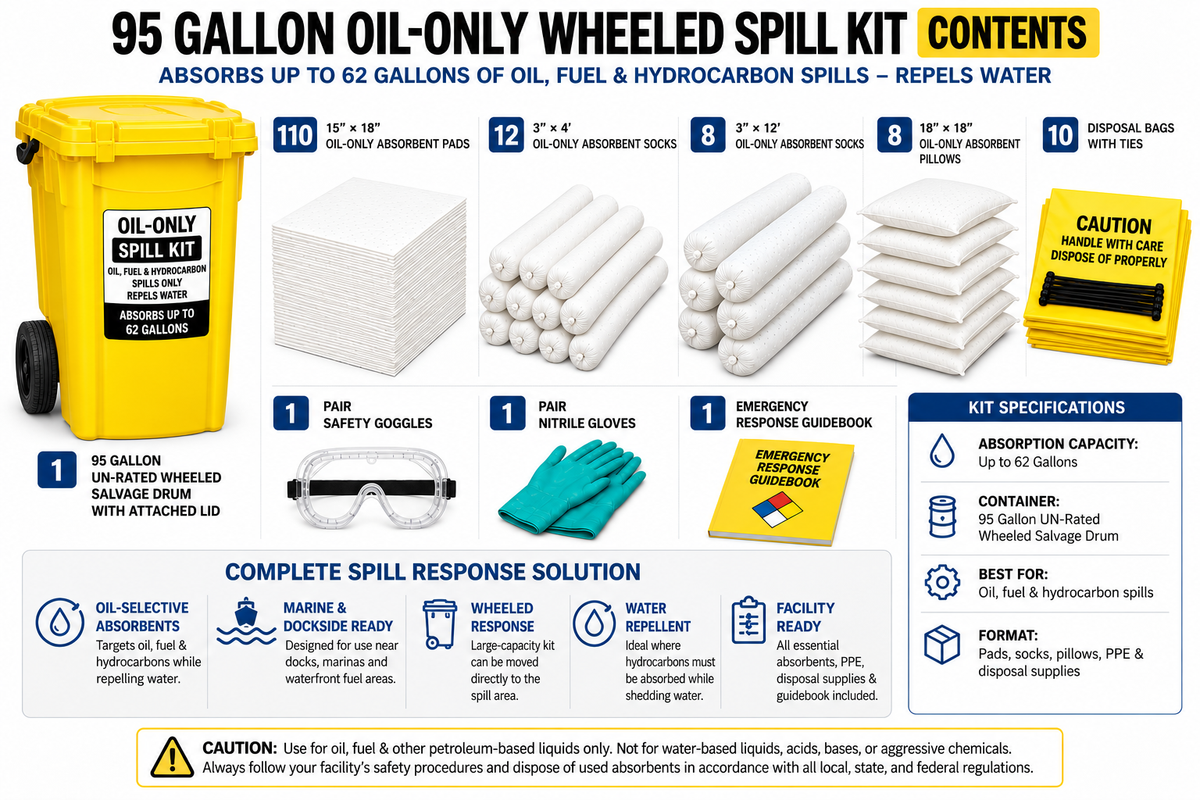 95 gallon oil-only wheeled spill kit contents showing white oil-selective pads, socks, pillows, PPE, disposal bags, guidebook, and yellow wheeled salvage drum.