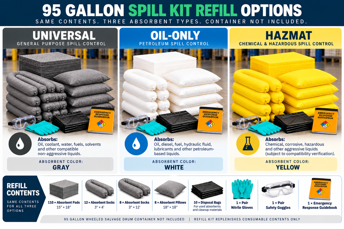 95 gallon spill kit refill selection guide comparing Universal, Oil-Only, and Hazmat absorbents, refill contents, and compatible spill applications.