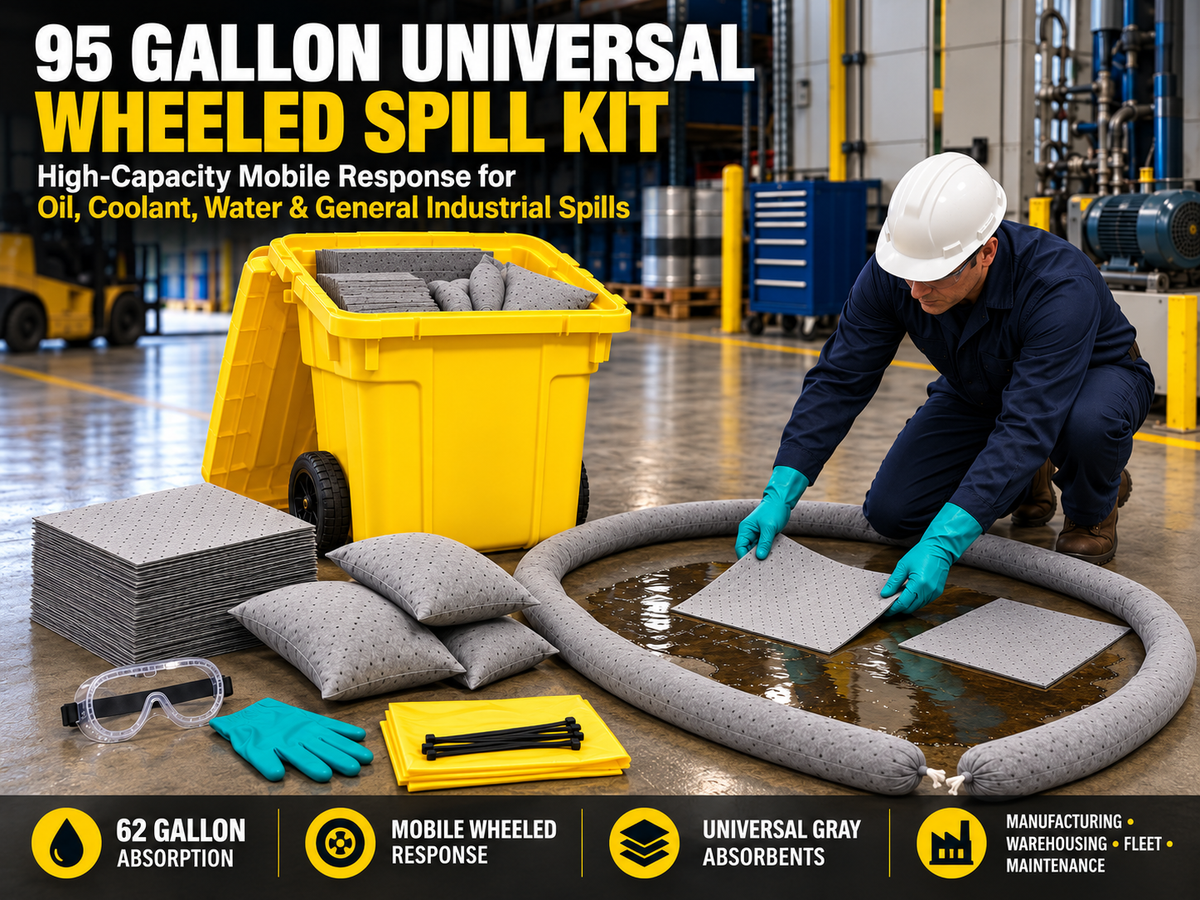 95 gallon universal wheeled spill kit staged in an industrial facility with gray absorbent pads, socks, pillows, PPE, and a worker responding to an oil, coolant, and water spill.