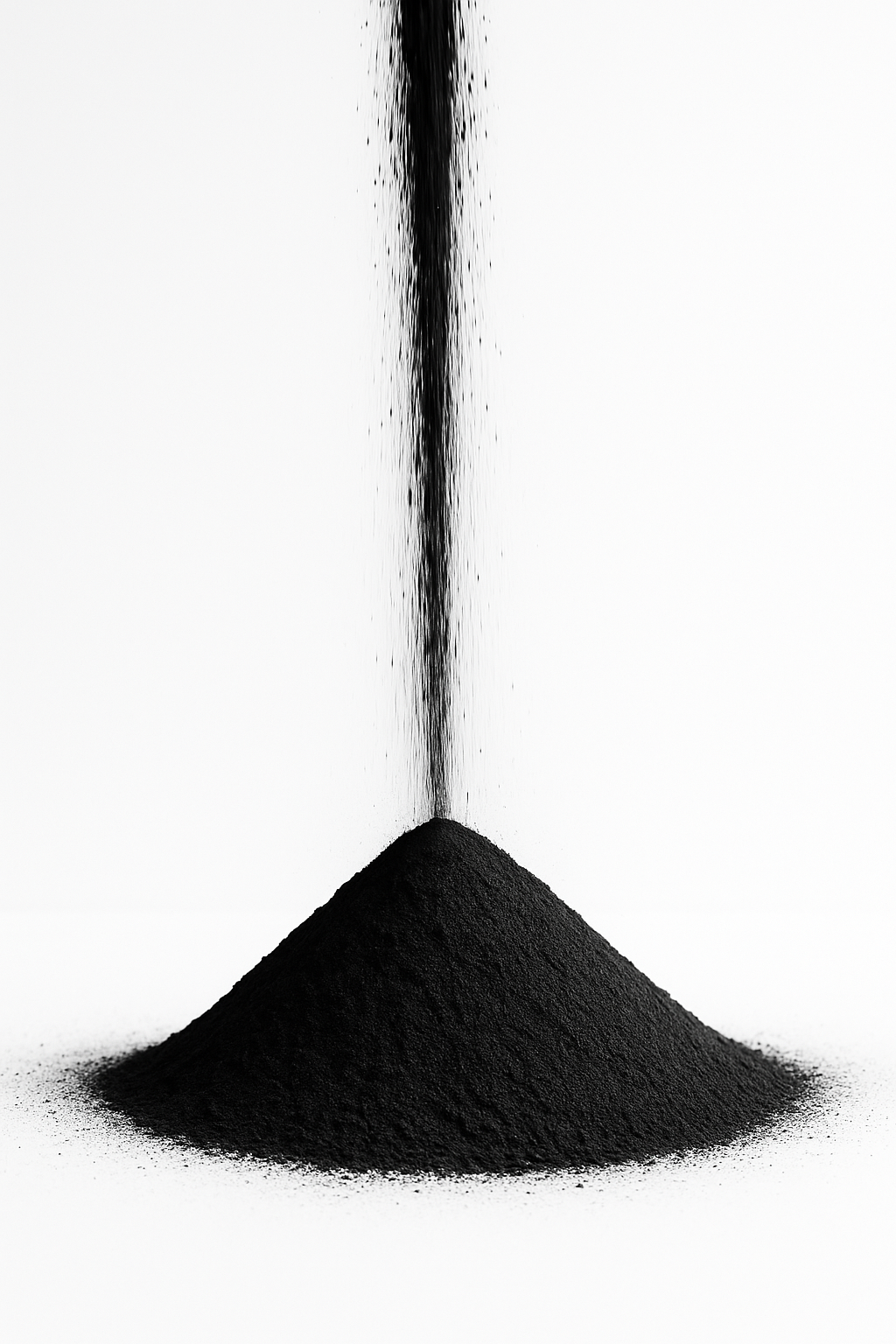 Black activated carbon powder being poured onto a white surface
