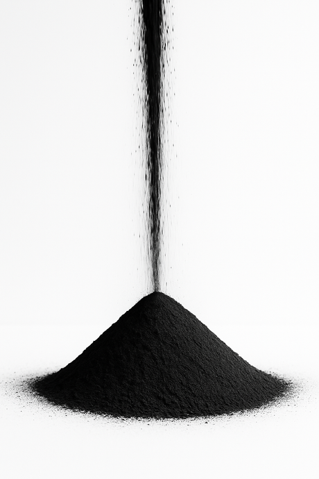 Black activated carbon powder being poured onto a white surface