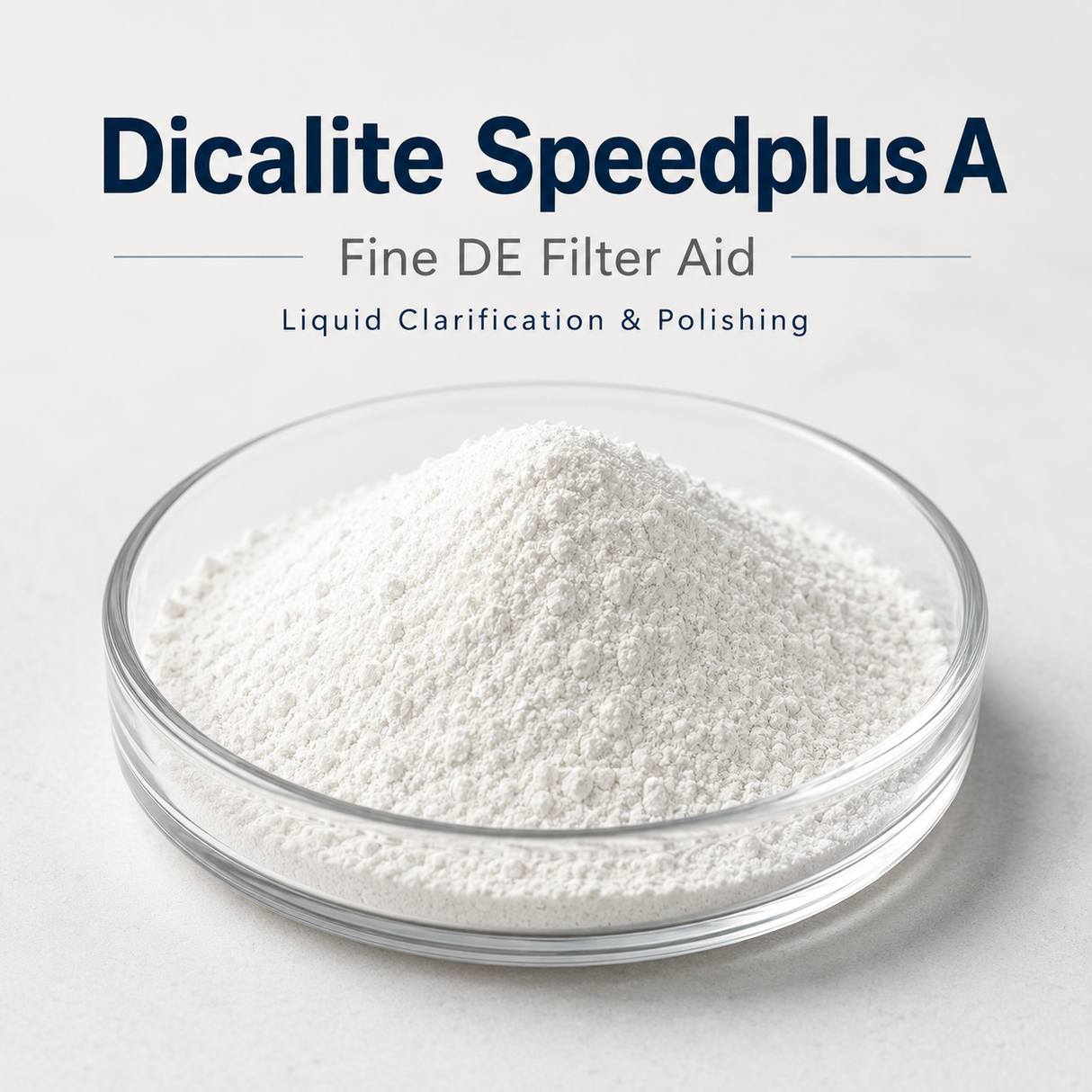 Dicalite Speedplus A fine DE filter aid in a glass bowl on a light background