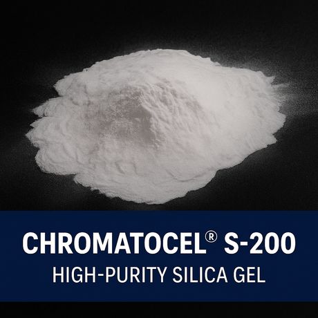Pile of high-purity silica gel with 'Chromatocel S-200' text on a black background