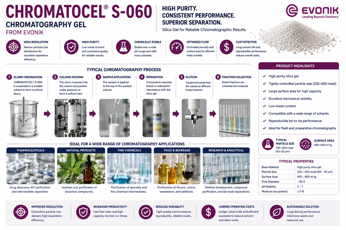 CHROMATOCEL S-060 chromatography gel application guide showing silica chromatography process, separation benefits, and common purification applications.
