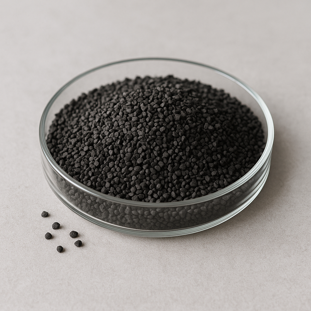 Hero: Coal-based granular activated carbon (12×40 mesh) in a glass dish on a neutral background
