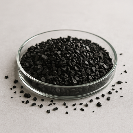 Coal-based granular activated carbon (8×30 mesh) in a glass dish on a neutral background