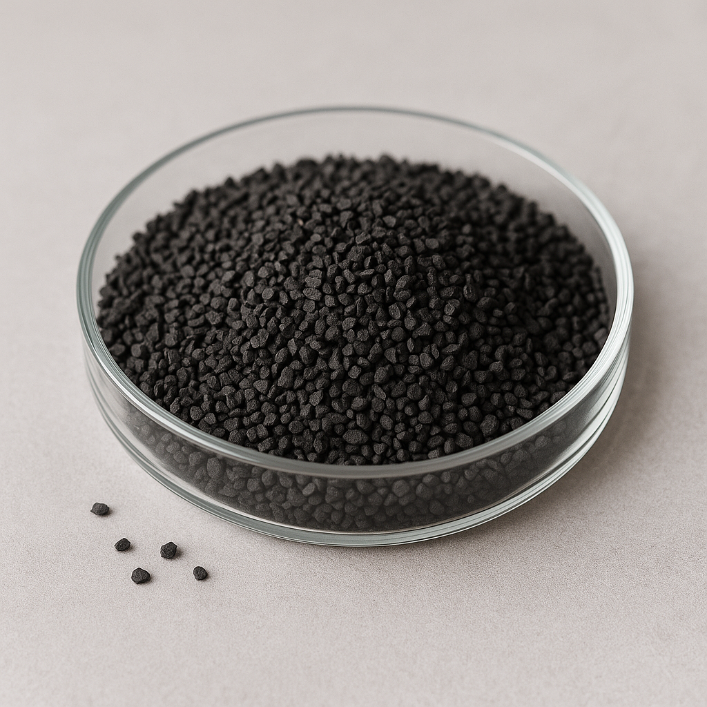 Coconut-shell granular activated carbon (12×40 mesh) in a glass dish on a neutral lab surface