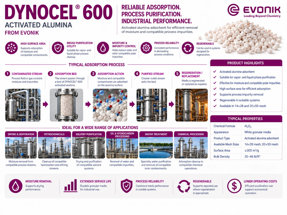 DYNOCEL 600 activated alumina application guide showing adsorption process, typical properties, mesh sizes, and industrial purification uses.