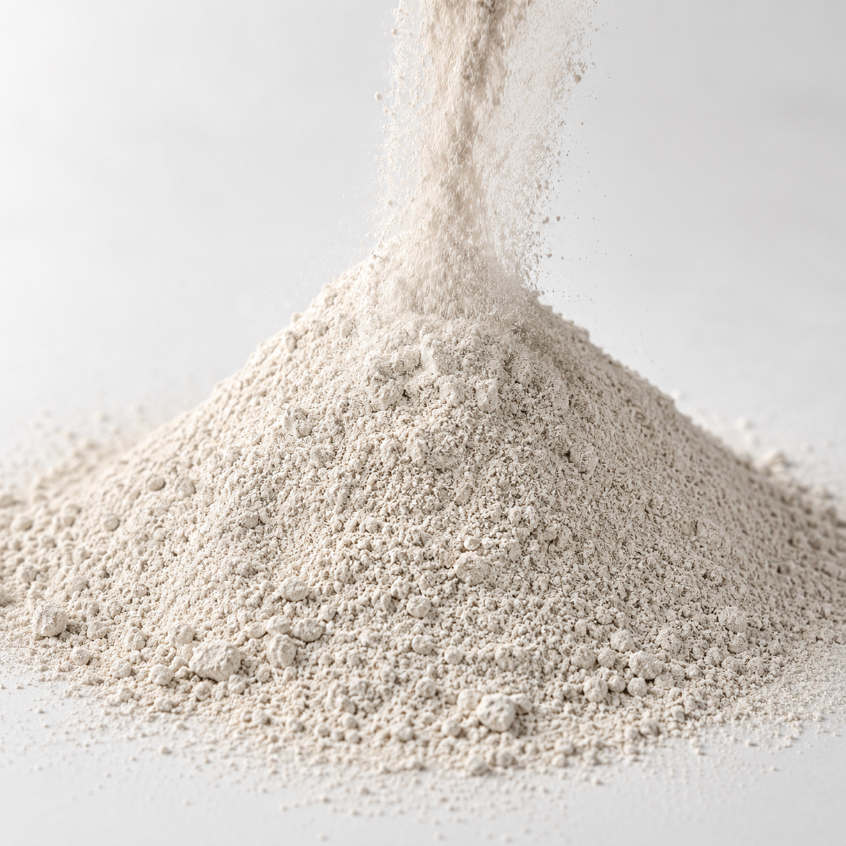 Fine white diatomaceous earth filter aid powder pouring into a mound on a clean neutral background