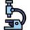 Simplified icon of a microscope with blue and black colors on a white background
