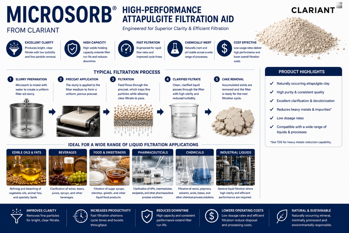 Microsorb attapulgite filtration aid process and applications for edible oils, beverages, food, chemicals, pharmaceuticals, and industrial liquids.