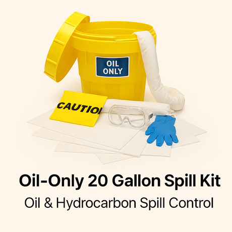 Oil-only spill kit with yellow bucket, gloves, goggles, and absorbent materials on a white background.