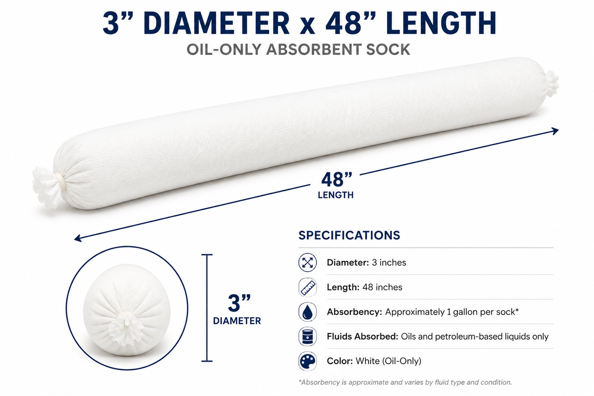 Oil-only absorbent sock dimensions showing 3 inch diameter, 48 inch length and product specifications