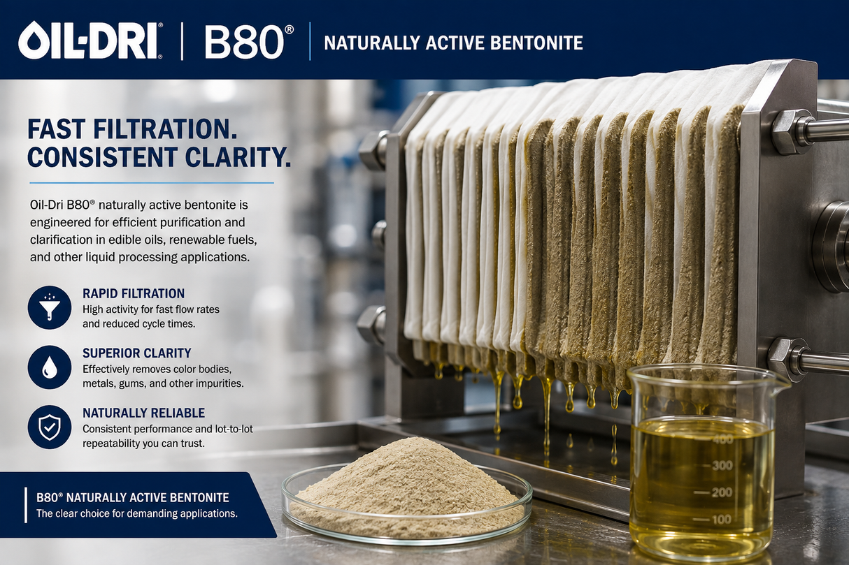 Oil-Dri B80 naturally active bentonite application guide showing plate-and-frame filtration for edible oil, renewable fuel, and industrial liquid clarification.