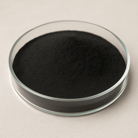 Food-grade powdered activated carbon 80×325, acid-washed coconut, fine black powder in a petri dish