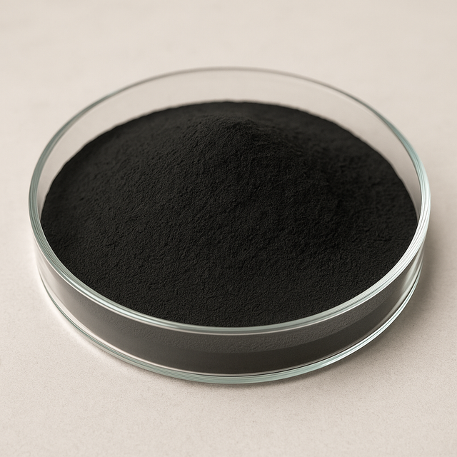 Food-grade powdered activated carbon 80×325, acid-washed coconut, fine black powder in a petri dish