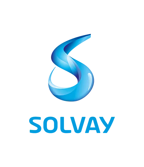 Solvay logo with a blue 'S' on a white background