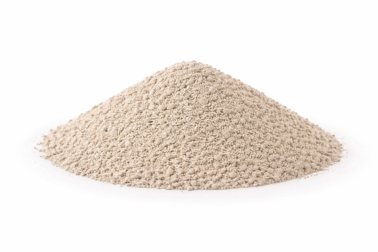 Off-white selective silicate adsorbent powder (Oil-Dri Pure-Flo Select 350) in a clean mound on a white background.