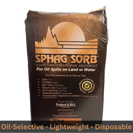 Bag of Sphag-sorb against a white background with a text ribbon that reads "Oil-selective - Lightweight - Disposable"