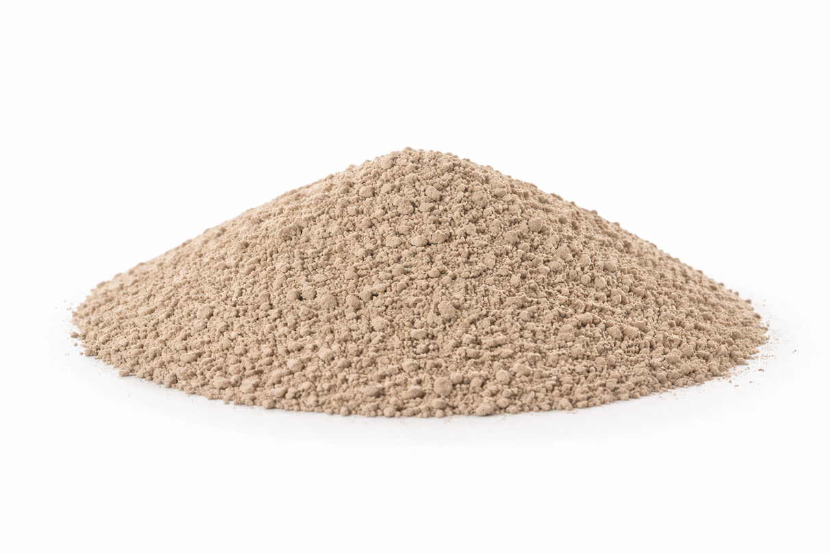 Fine beige bleaching earth (Oil-Dri Pure-Flo Supreme B81) in a clean mound on a white background.