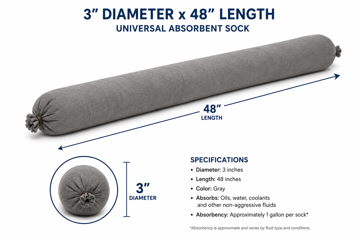 Universal absorbent sock dimensions showing 3-inch diameter by 48-inch length
