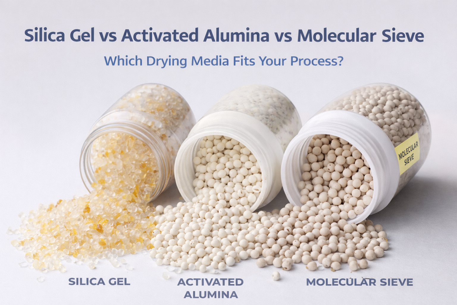 Comparison hero image showing silica gel, activated alumina, and molecular sieve used for industrial drying and moisture control