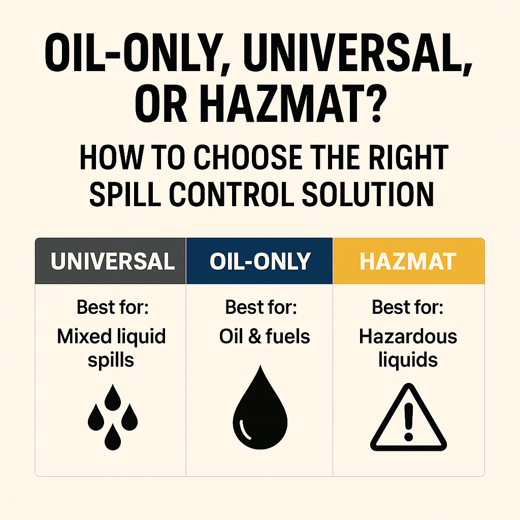 Comparison chart of spill control solutions, Universal for mixed liquid spills, Oil-Only for oil and fuels, and Hazmat for hazardous liquids to help choose the right absorbent type.
