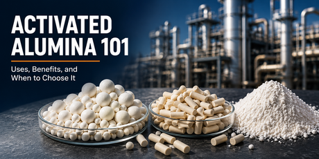 Activated alumina hero image showing balls, pellets, and powder used in industrial drying, purification, and treatment applications