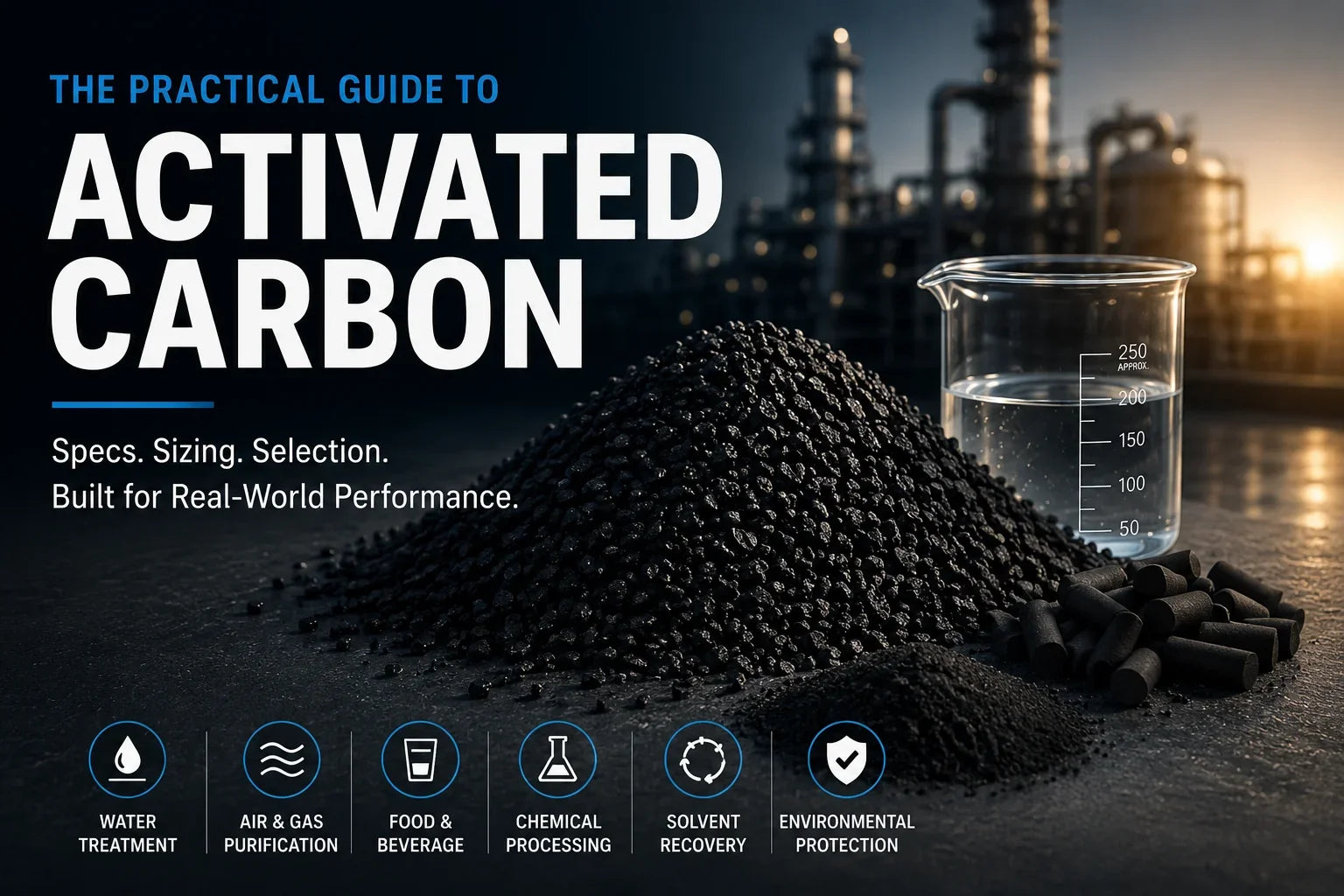 Activated carbon guide hero showing granular, powdered, and pelletized carbon used in water treatment, air purification, food processing, solvent recovery, and industrial filtration.