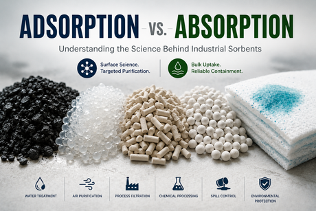 Industrial hero image illustrating adsorption vs. absorption with activated carbon, silica gel, activated alumina, molecular sieves, and absorbent pads used in water treatment, air purification, chemical processing, and spill control.