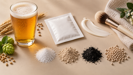Food, beverage, packaging and personal-care applications shown with beverage, desiccant pouch, process media, molecular sieve beads and cosmetic formulation materials.